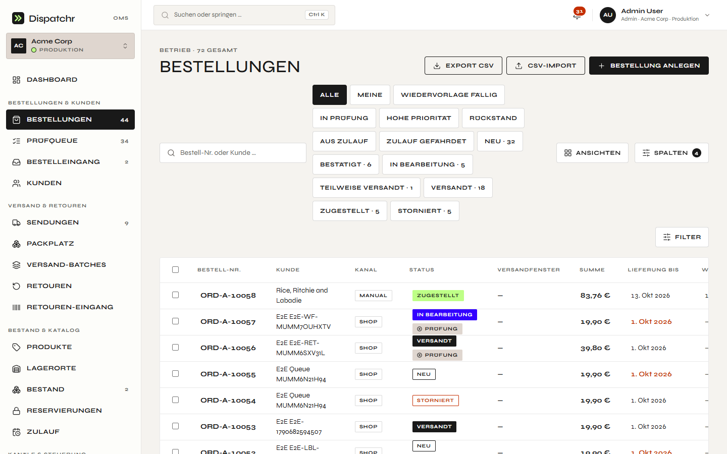 Dispatchr – Bestellliste mit Filtern, gespeicherten Ansichten, Status und Massenaktionen