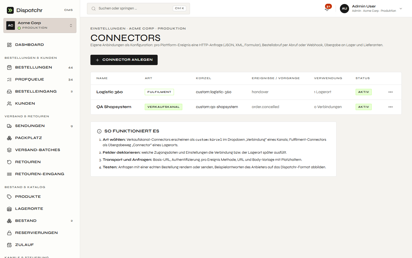 Dispatchr – Connectoren je Kanal mit Status, letztem Abruf und eingehenden Ereignissen