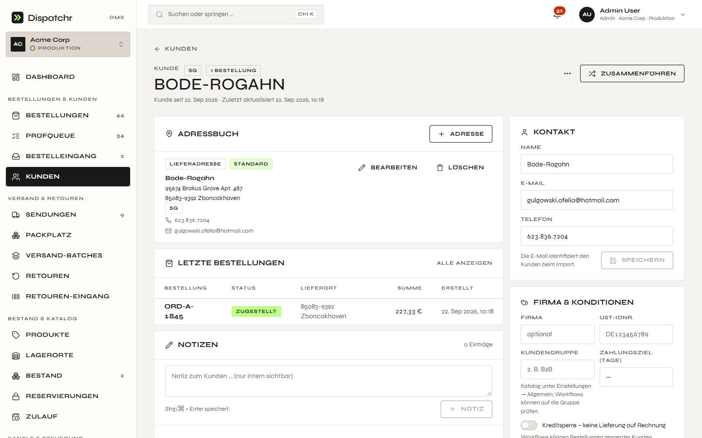 Dispatchr – Kundenseite mit Adressbuch, Kontakt, Firma und Konditionen, letzten Bestellungen und Notizen