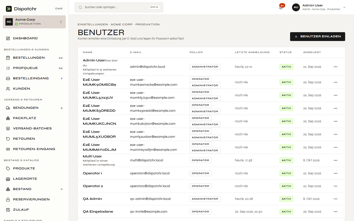 Dispatchr – Benutzerverwaltung mit Rollen, Status, Zwei-Faktor-Anmeldung und Lagerort-Bindung