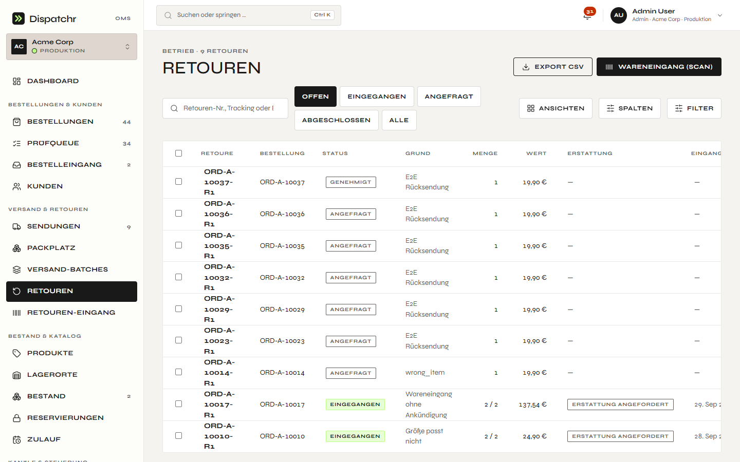 Dispatchr – Retourenliste mit Status, Grund, Positionen und Erstattung