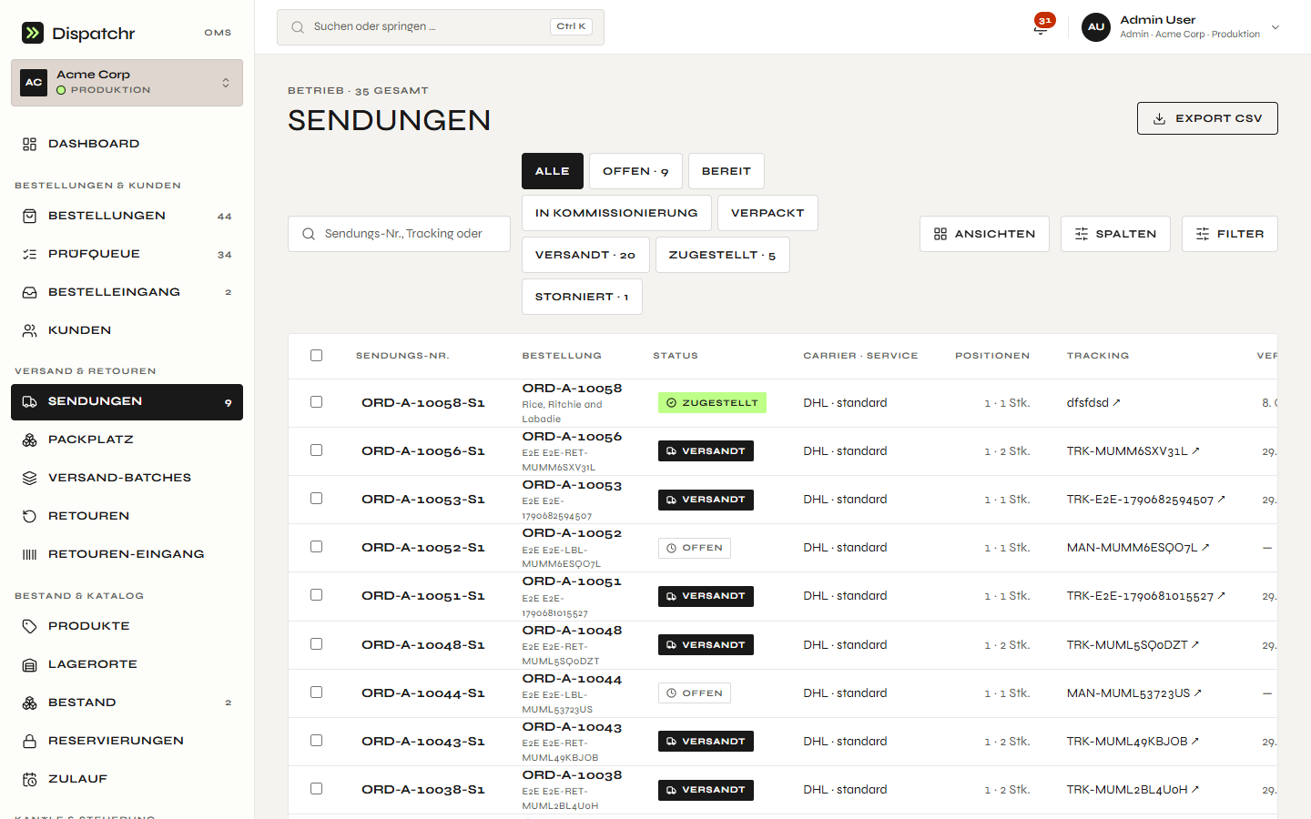 Dispatchr – Sendungsliste mit Status, Carrier und Service, Positionen und Tracking