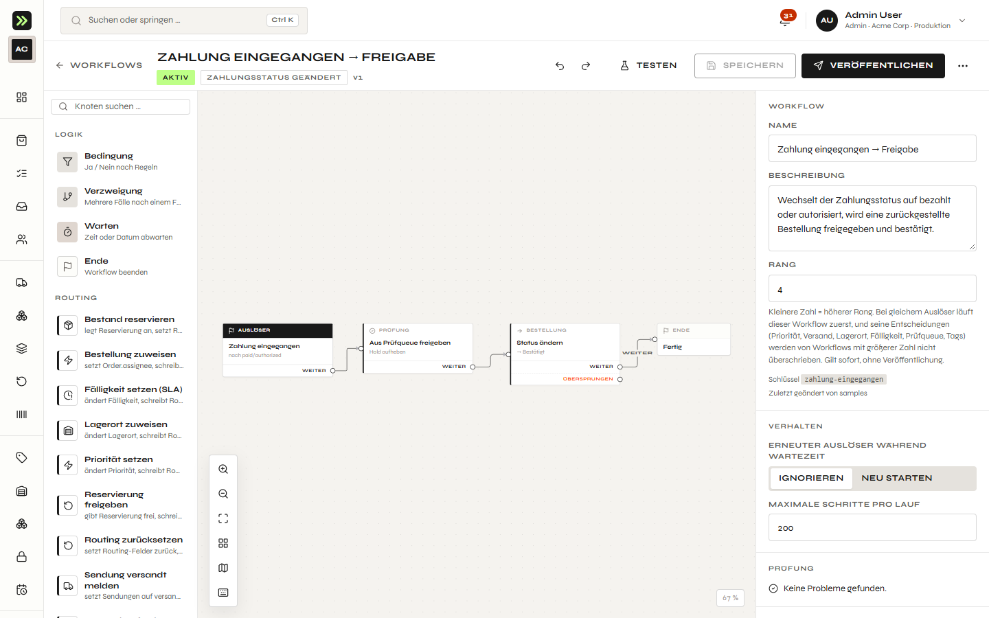 Dispatchr – Workflow-Editor mit Auslöser, Prüfung, Statusänderung und Inspektor